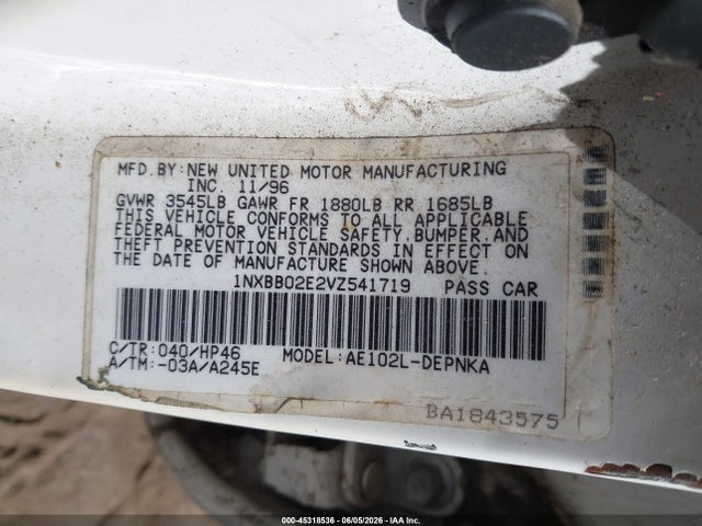 Aukcja sprzedaży 1997 Toyota Corolla Dx, vin: 1NXBB02E2VZ541719, numer aukcji: 45318536