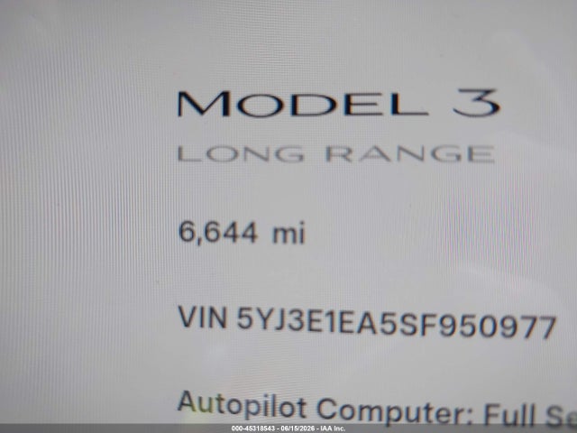 45318543 :رقم المزاد ، 5YJ3E1EA5SF950977 vin ، 2025 Tesla Model 3 Long Range Rear-wheel Drive/standard Rear-wheel Drive مزاد بيع