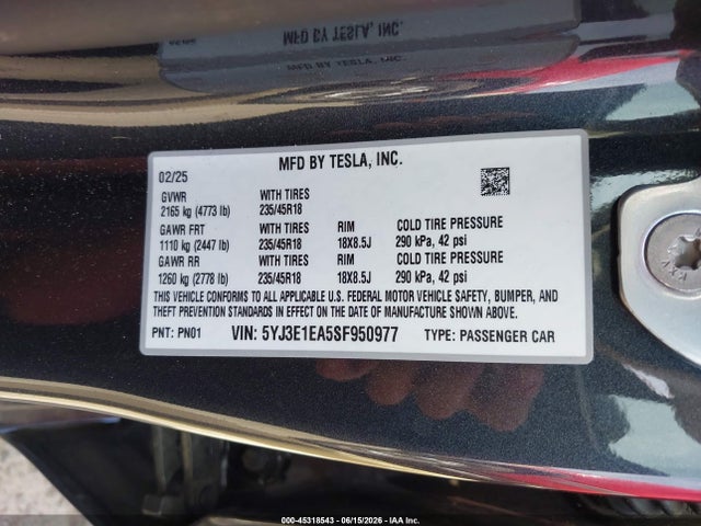45318543 :رقم المزاد ، 5YJ3E1EA5SF950977 vin ، 2025 Tesla Model 3 Long Range Rear-wheel Drive/standard Rear-wheel Drive مزاد بيع