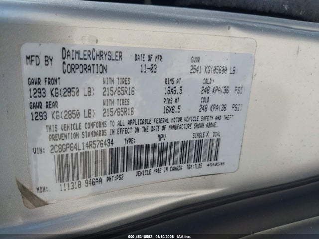Aukcja sprzedaży 2004 Chrysler Town & Country Limited, vin: 2C8GP64L14R576434, numer aukcji: 45318552