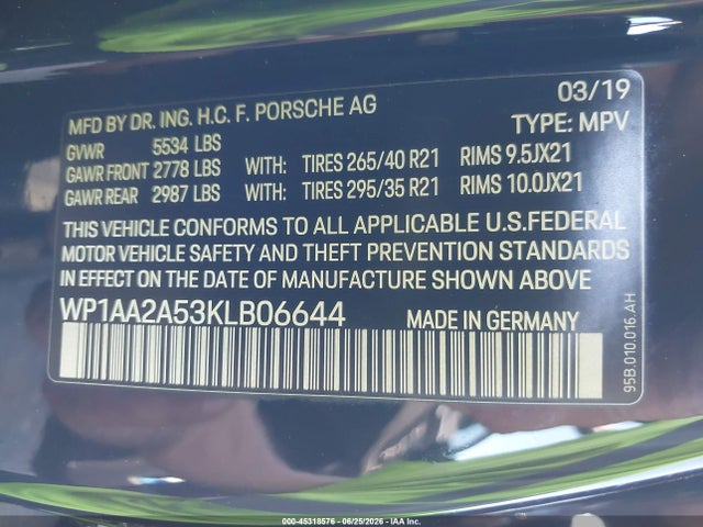 45318576 :رقم المزاد ، WP1AA2A53KLB06644 vin ، 2019 Porsche Macan مزاد بيع