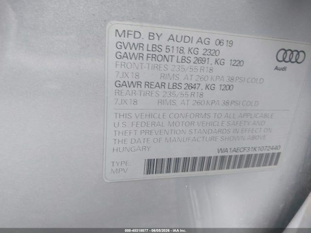 Продаж на аукціоні авто 2019 Audi Q3 2.0t Premium, vin: WA1AECF31K1072440, номер лоту: 45318577