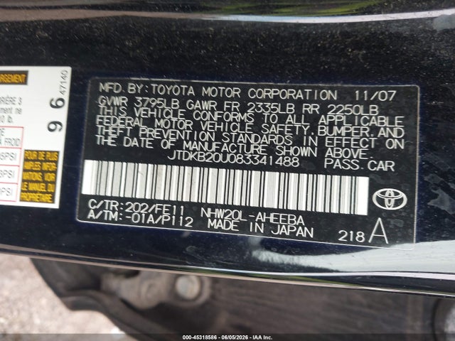 Продажа на аукционе авто 2008 Toyota Prius Touring, vin: JTDKB20U083341488, номер лота: 45318586
