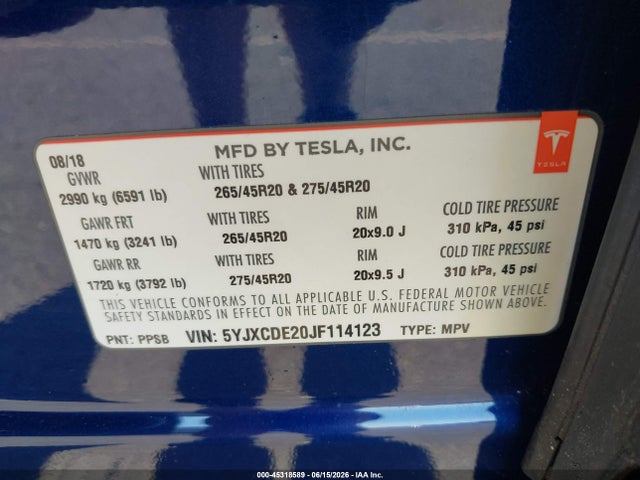 Tesla Model X 100d/75d/p100d 2018 5YJXCDE20JF114123 Image 9