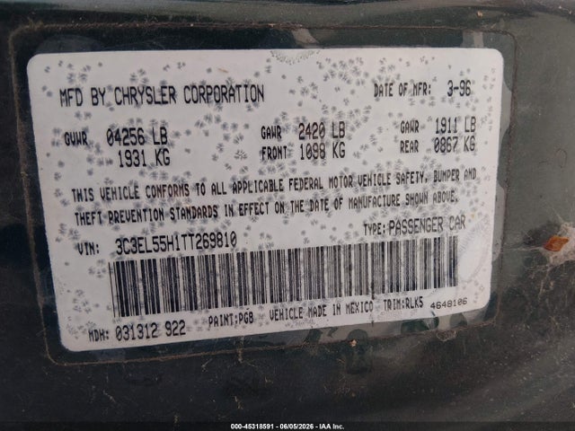 Продаж на аукціоні авто 1996 Chrysler Sebring Jxi, vin: 3C3EL55H1TT269810, номер лоту: 45318591