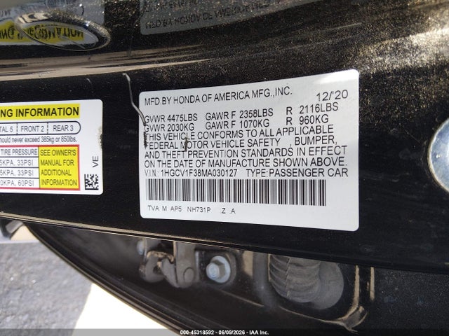 1HGCV1F38MA030127 Honda Accord Sport