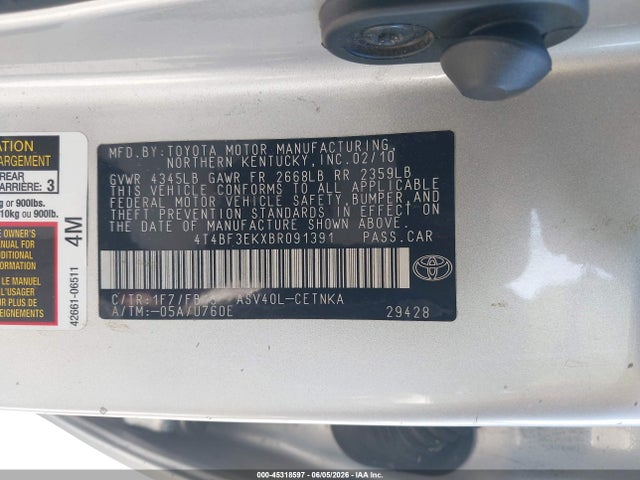 Aukcja sprzedaży 2011 Toyota Camry Le, vin: 4T4BF3EKXBR091391, numer aukcji: 45318597