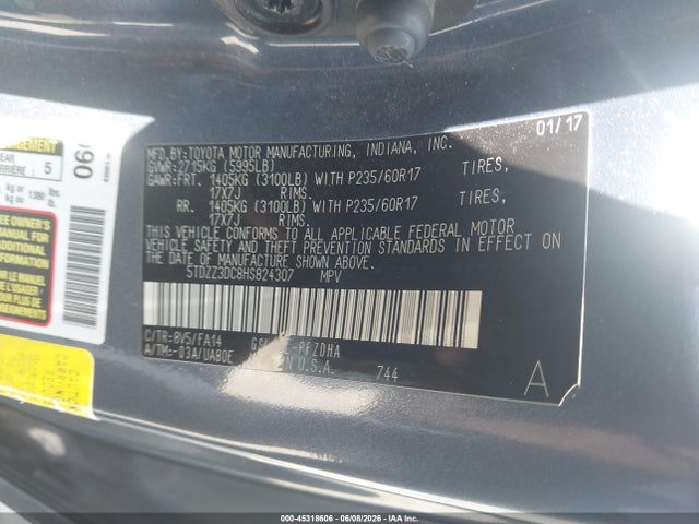 Aukcja sprzedaży 2017 Toyota Sienna L 7 Passenger, vin: 5TDZZ3DC8HS824307, numer aukcji: 45318606