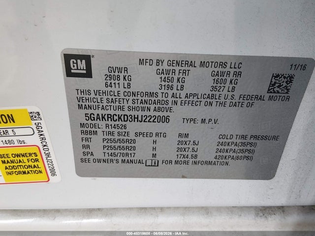 2017 Buick Enclave Premium მანქანა იყიდება აუქციონზე, vin: 5GAKRCKD3HJ222006, აუქციონის ნომერი: 45318608