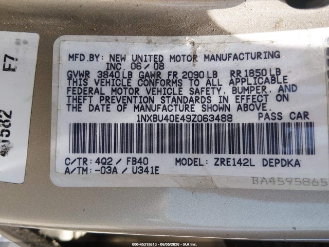 Aukcja sprzedaży 2009 Toyota Corolla Le, vin: 1NXBU40E49Z063488, numer aukcji: 45318613