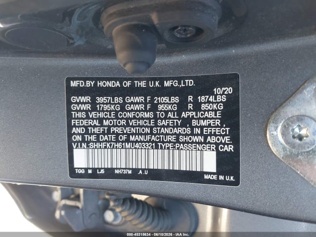 Honda CIVIC EX 2021 SHHFK7H61MU403321 Image 9