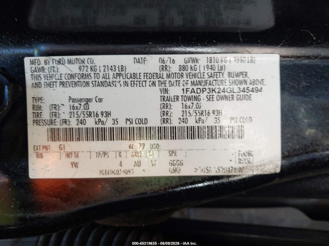 Продажа на аукционе авто 2016 Ford Focus Se, vin: 1FADP3K24GL345494, номер лота: 45318635