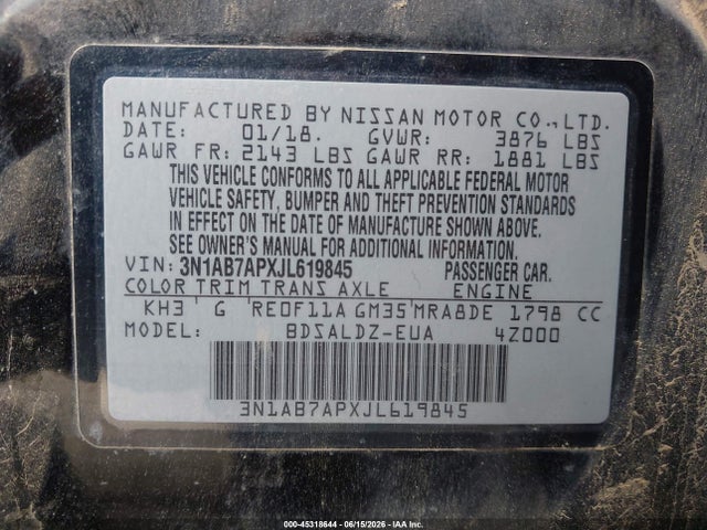 2018 Nissan Sentra Sv მანქანა იყიდება აუქციონზე, vin: 3N1AB7APXJL619845, აუქციონის ნომერი: 45318644