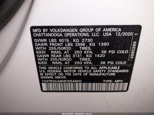 45318649 :رقم المزاد ، 1V2TR2CA8MC554800 vin ، 2021 Volkswagen Atlas 3.6l V6 Sel Premium مزاد بيع