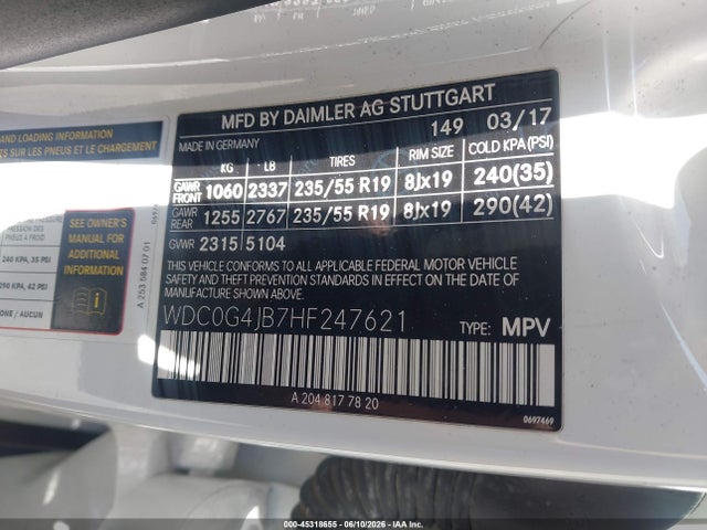 Aukcja sprzedaży 2017 Mercedes-benz Glc 300, vin: WDC0G4JB7HF247621, numer aukcji: 45318655