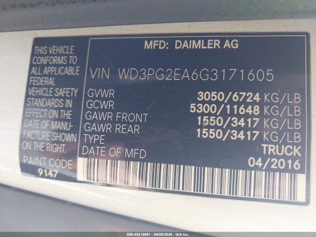 Aukcja sprzedaży 2016 Mercedes-benz Metris, vin: WD3PG2EA6G3171605, numer aukcji: 45318661