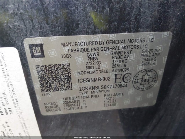 Продажа на аукционе авто 2019 Gmc Acadia Sle-2, vin: 1GKKNSLS6KZ170644, номер лота: 45318670