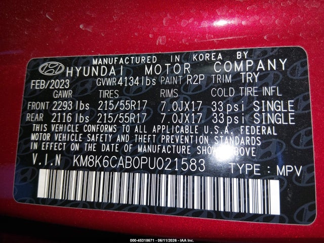 KM8K6CAB0PU021583 Hyundai Kona Sel