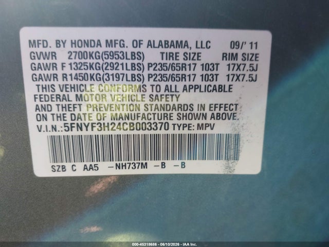 Aukcja sprzedaży 2012 Honda Pilot Lx, vin: 5FNYF3H24CB003370, numer aukcji: 45318686