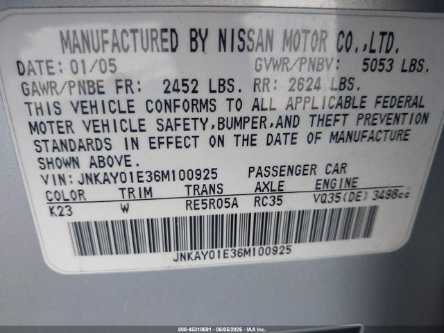 Aukcja sprzedaży 2006 Infiniti M35 Sport, vin: JNKAY01E36M100925, numer aukcji: 45318691