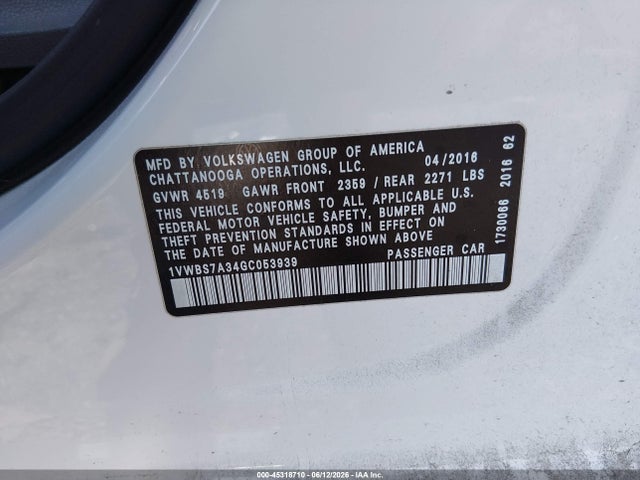 Aukcja sprzedaży 2016 Volkswagen Passat 1.8t Se, vin: 1VWBS7A34GC053939, numer aukcji: 45318710