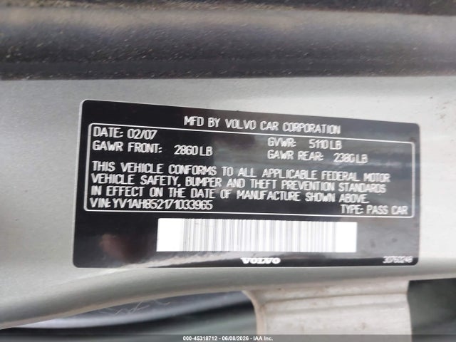 Aukcja sprzedaży 2007 Volvo S80 V8, vin: YV1AH852171033965, numer aukcji: 45318712