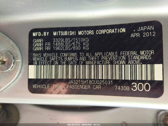 45318723 :رقم المزاد ، JA3215H18CU025031 vin ، 2012 Mitsubishi I-miev Es/se مزاد بيع