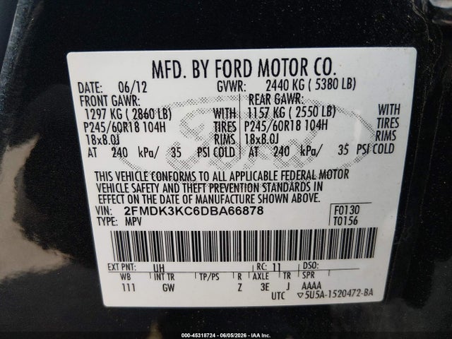 45318724 :رقم المزاد ، 2FMDK3KC6DBA66878 vin ، 2013 Ford Edge Limited مزاد بيع