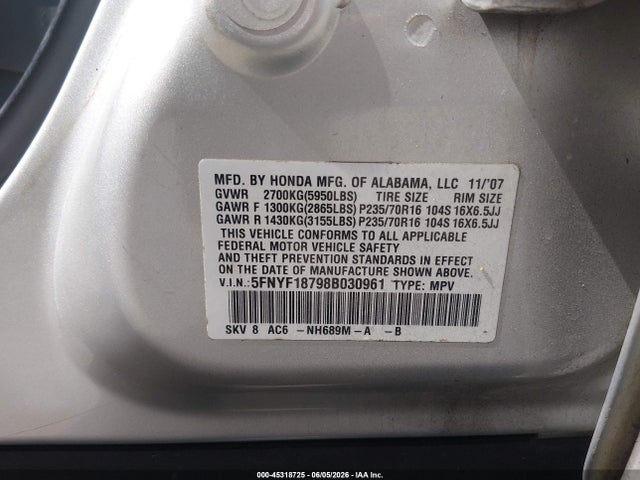 2008 Honda Pilot Ex-l მანქანა იყიდება აუქციონზე, vin: 5FNYF18798B030961, აუქციონის ნომერი: 45318725