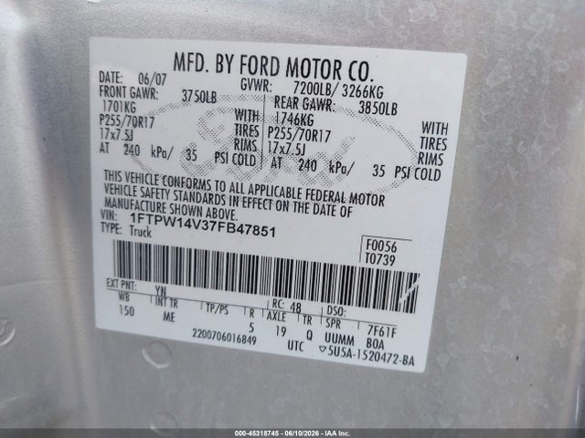 2007 Ford F-150 Fx4/lariat/xlt მანქანა იყიდება აუქციონზე, vin: 1FTPW14V37FB47851, აუქციონის ნომერი: 45318745