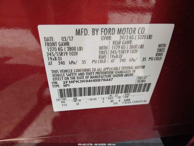 Auction sale of the 2017 Ford Edge Titanium, vin: 2FMPK3K94HBB76447, lot number: 45318756