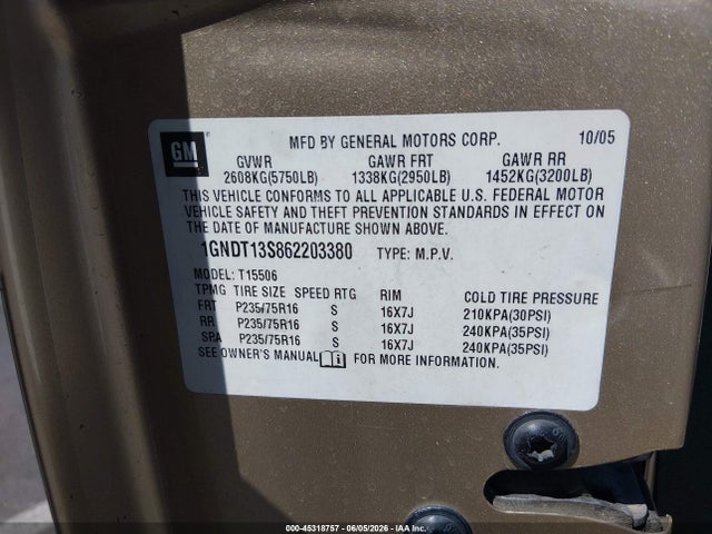 45318757 :رقم المزاد ، 1GNDT13S862203380 vin ، 2006 Chevrolet Trailblazer Ls مزاد بيع