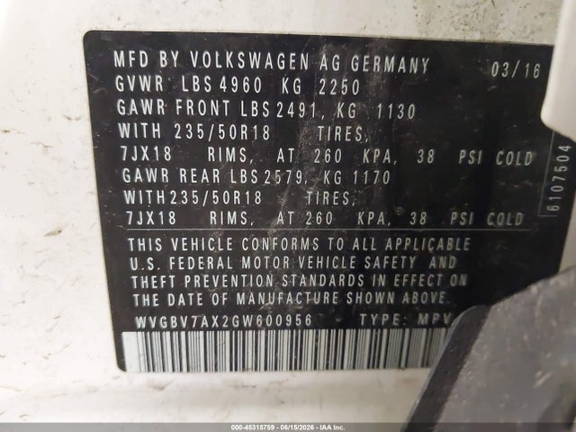 Продажа на аукционе авто 2016 Volkswagen Tiguan Se, vin: WVGBV7AX2GW600956, номер лота: 45318759