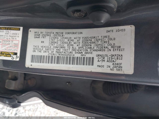 45318766 :رقم المزاد ، JTEBU17R940025214 vin ، 2004 Toyota 4runner Limited V6 مزاد بيع