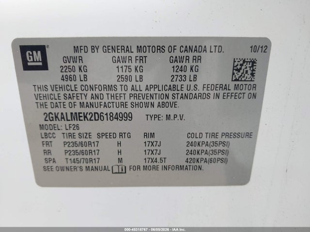 Продаж на аукціоні авто 2013 Gmc Terrain Sle-1, vin: 2GKALMEK2D6184999, номер лоту: 45318767