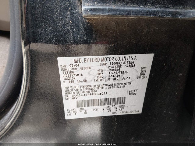 45318769 :رقم المزاد ، 1FMSU45P94EC36211 vin ، 2004 Ford Excursion Eddie Bauer مزاد بيع