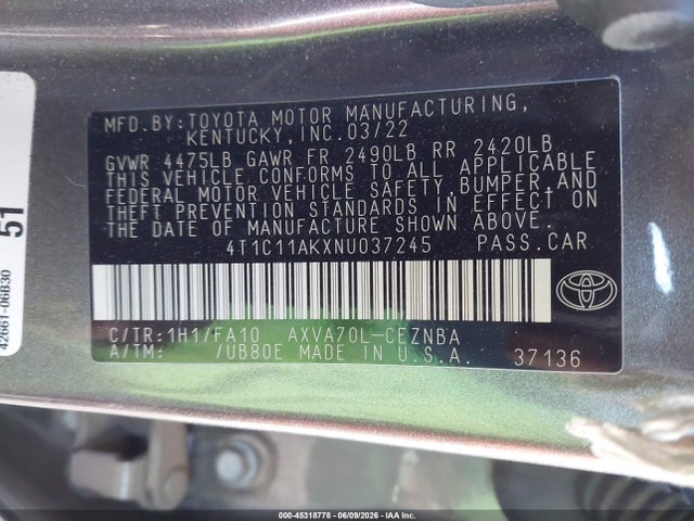 45318778 :رقم المزاد ، 4T1C11AKXNU037245 vin ، 2022 Toyota Camry Le مزاد بيع