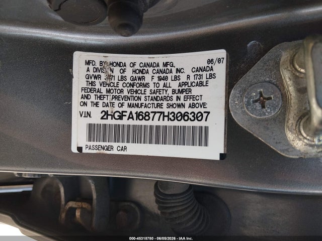 Aukcja sprzedaży 2007 Honda Civic Ex, vin: 2HGFA16877H306307, numer aukcji: 45318780