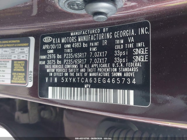 5XYKTCA63EG465734 KIA SORENTO LX