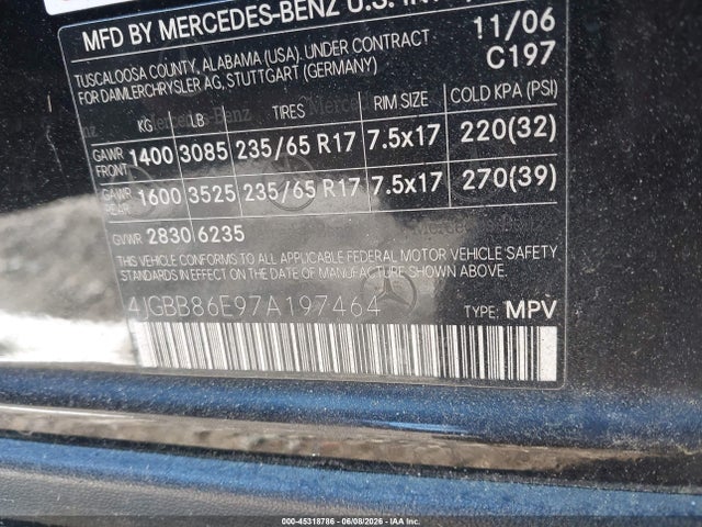 Продаж на аукціоні авто 2007 Mercedes-benz Ml 350 4matic, vin: 4JGBB86E97A197464, номер лоту: 45318786