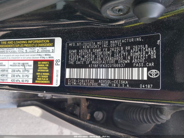 2012 Toyota Camry Se Limited Edition მანქანა იყიდება აუქციონზე, vin: 4T1BF1FKXCU166637, აუქციონის ნომერი: 45318805