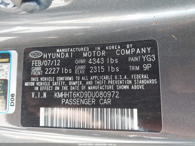 Aukcja sprzedaży 2013 Hyundai Genesis 2.0t, vin: KMHHT6KD9DU080972, numer aukcji: 45318808
