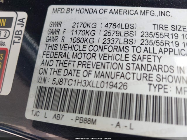 Aukcja sprzedaży 2020 Acura Rdx Standard, vin: 5J8TC1H3XLL019426, numer aukcji: 45318811