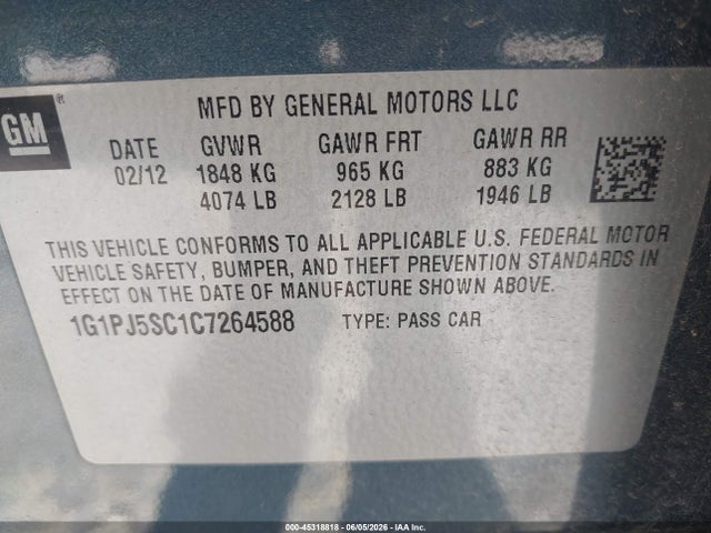 2012 Chevrolet Cruze Eco მანქანა იყიდება აუქციონზე, vin: 1G1PJ5SC1C7264588, აუქციონის ნომერი: 45318818