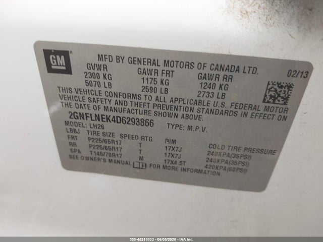 Auction sale of the 2013 Chevrolet Equinox 2lt, vin: 2GNFLNEK4D6293866, lot number: 45318823