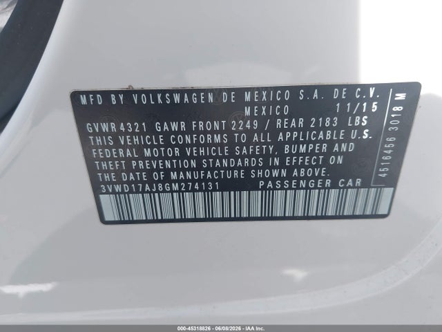 2016 Volkswagen Jetta 1.8t Sport მანქანა იყიდება აუქციონზე, vin: 3VWD17AJ8GM274131, აუქციონის ნომერი: 45318826