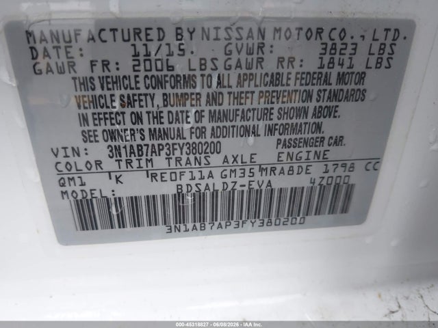 3N1AB7AP3FY380200 Nissan SENTRA SV