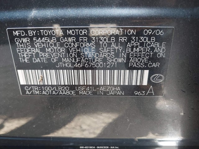 Aukcja sprzedaży 2007 Lexus Ls 460 L, vin: JTHGL46F675001271, numer aukcji: 45318834