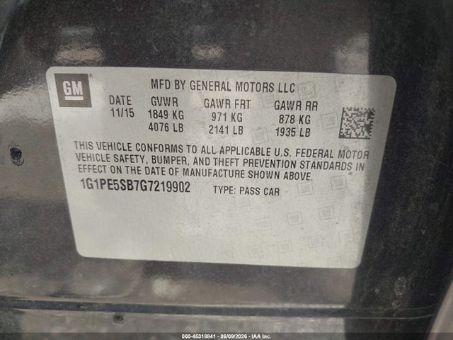 45318841 :رقم المزاد ، 1G1PE5SB7G7219902 vin ، 2016 Chevrolet Cruze Limited 1lt Auto مزاد بيع