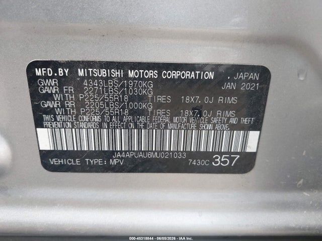 Aukcja sprzedaży 2021 Mitsubishi Outlander Sport 2.0 Be 2wd/2.0 Es 2wd/2.0 Le 2wd/2.0 S 2wd, vin: JA4APUAU6MU021033, numer aukcji: 45318844